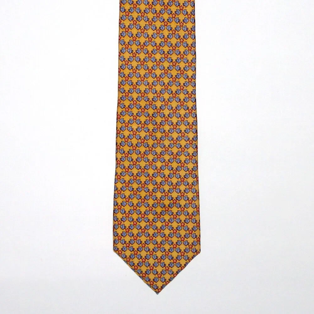 Tommy Hilfiger Necktie yellow blue fish starfish 100% silk sea ocean coast
